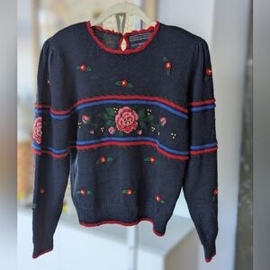 Vintage Navy Embroidered Roses Sweater M
